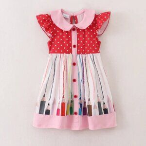 Boutique Back to School Pencils Sleeveless Button Dress
